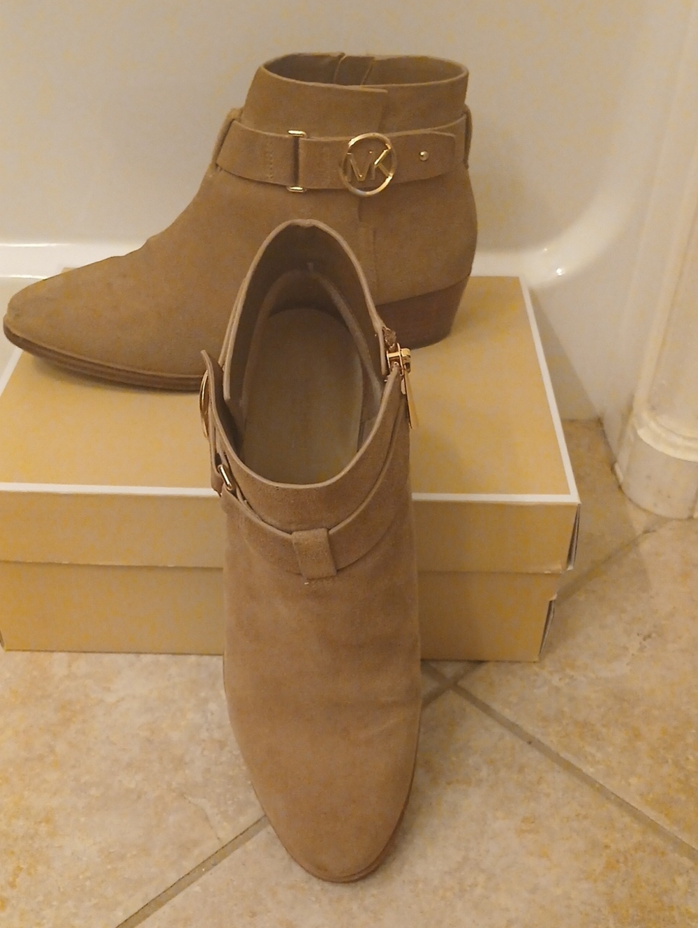 Michael Kors Beige Suede Ankle Booties with Gold MK Accent